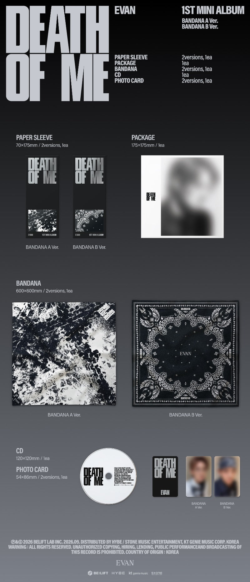 PRE-ORDER EVAN 1st Mini Album DEATH OF ME (BANDANA Version)
